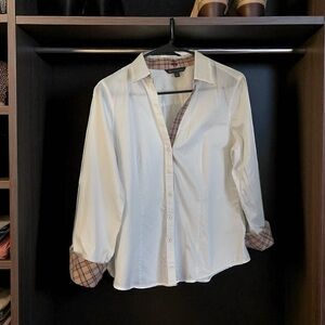 BROOKS BROTHERS White Button Down Shirt Classic Style w Pink and Blue Plaid HP🎉🩷